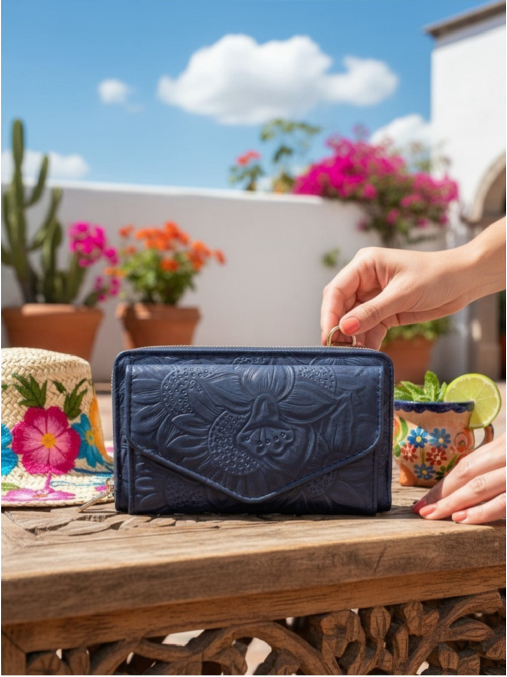 Midnight Navy Blue Brown Sunflower Embossed Artisan LEATHER Crossbody Wallet Bag